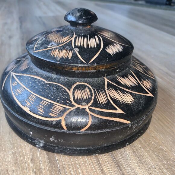 Vintage Handmade Hand Carved 7" Round Wooden Trinket Jewelry Storage Bowl w/ Lid - Picture 6 of 7